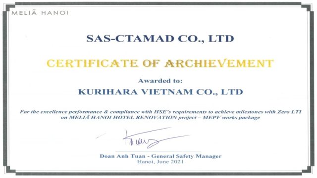 Melia Hanoi - SAS CTAMAD Certificate Of Archievement Awarded to Kurihara with HSE's requirements to achieve milestonesZero LTI