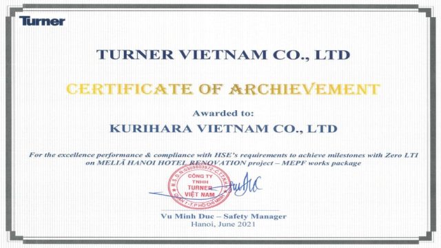 Turner Vietnam - Certificate Of Archievement awarded to Kurihara with HSE's requirements to archieve milestones with Zero LTI