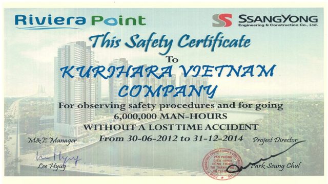 Riviera Point - Safety Certificate awarded to Kurihara 6,000,000 Man-Hours Without A Losttime Accident