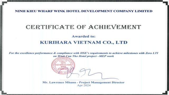 Wink CT - Certificate Of Achievement awarded to Kurihara with HSE's requirements to achieve milestones with Zero LTI